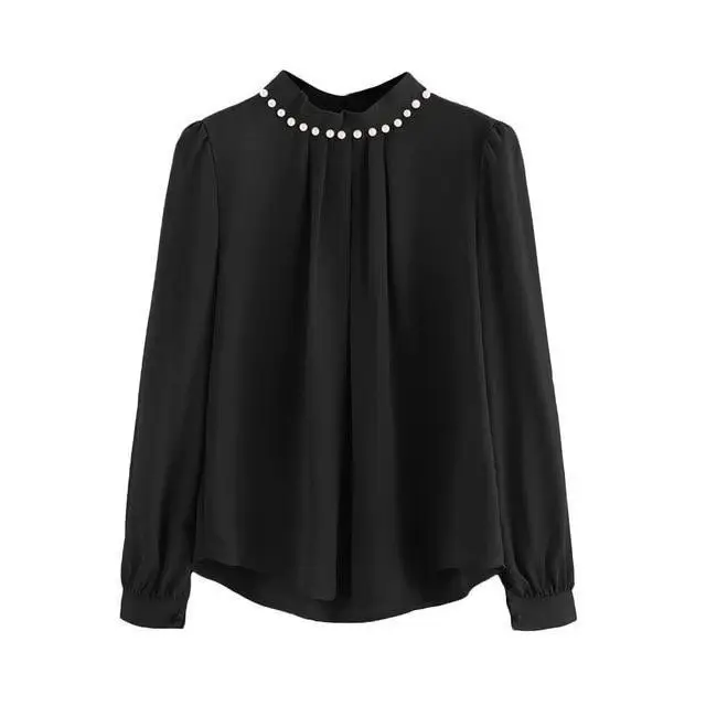 Sexy Zomer Nieuwe Mode Custom Kralen Werk Halter Top Brede Lange Mouwen Tuniek Tops Womens Black Blouses 2019