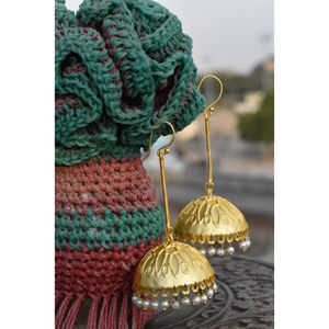 latest fashion traditional designer indian style golden brass hoop <b>long</b> big jhumka <b>earing</b> for women and girls - Product Image 1