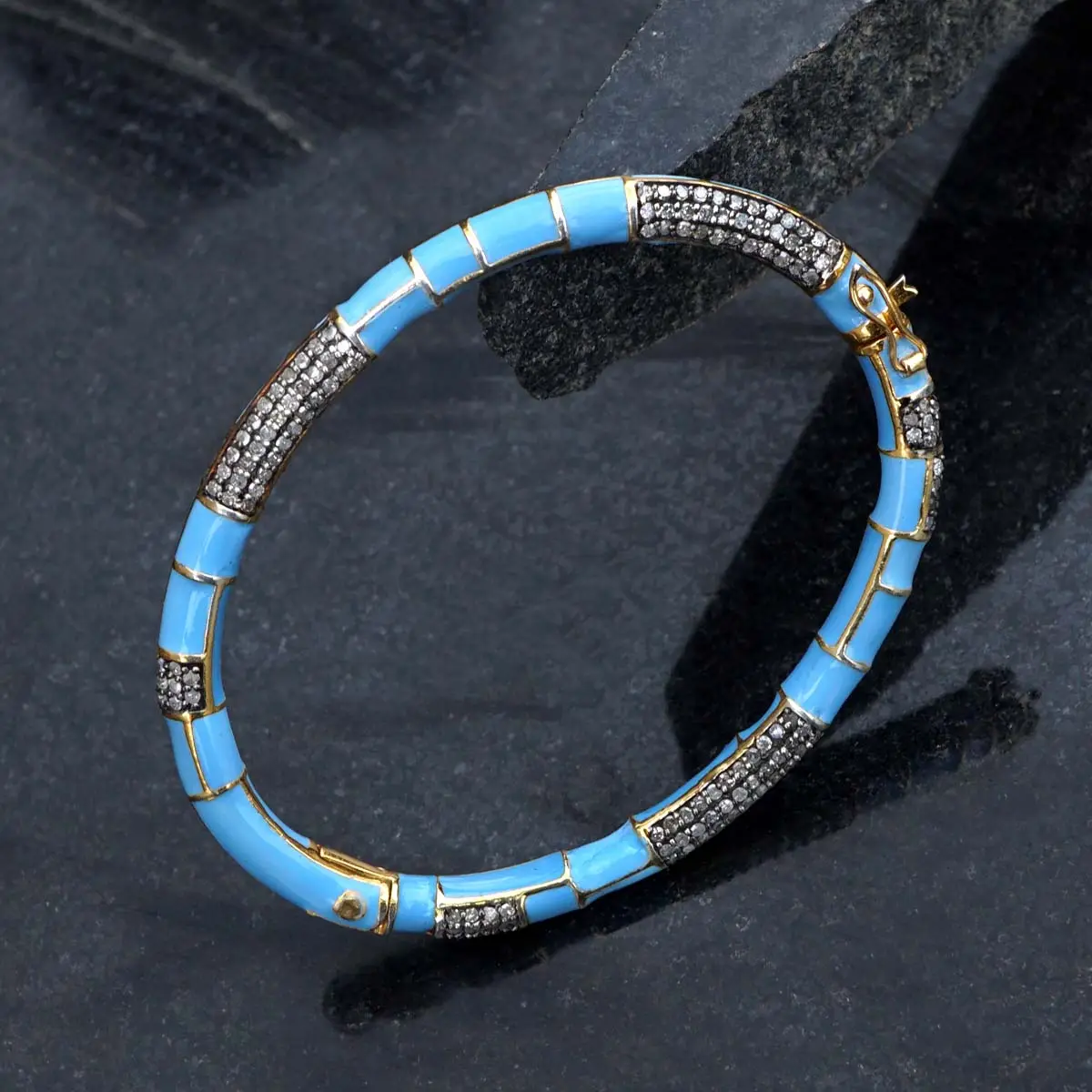 Pave Diamond Turquoise Color Enamel 14k Gold, 925 Oxidized Silver Openable Lock Bangle Bracelet Womens Jewelry Wholesale