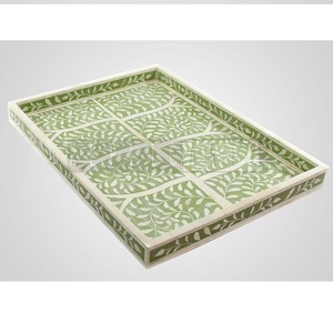 Bandeja de Servir Hecha a Mano con Incrustaciones de Hueso Verde |   Organizador de Mesa de Centro Decorativo Multifuncional de Diseño Art Deco Rectangular para el Hogar - Product Image 1