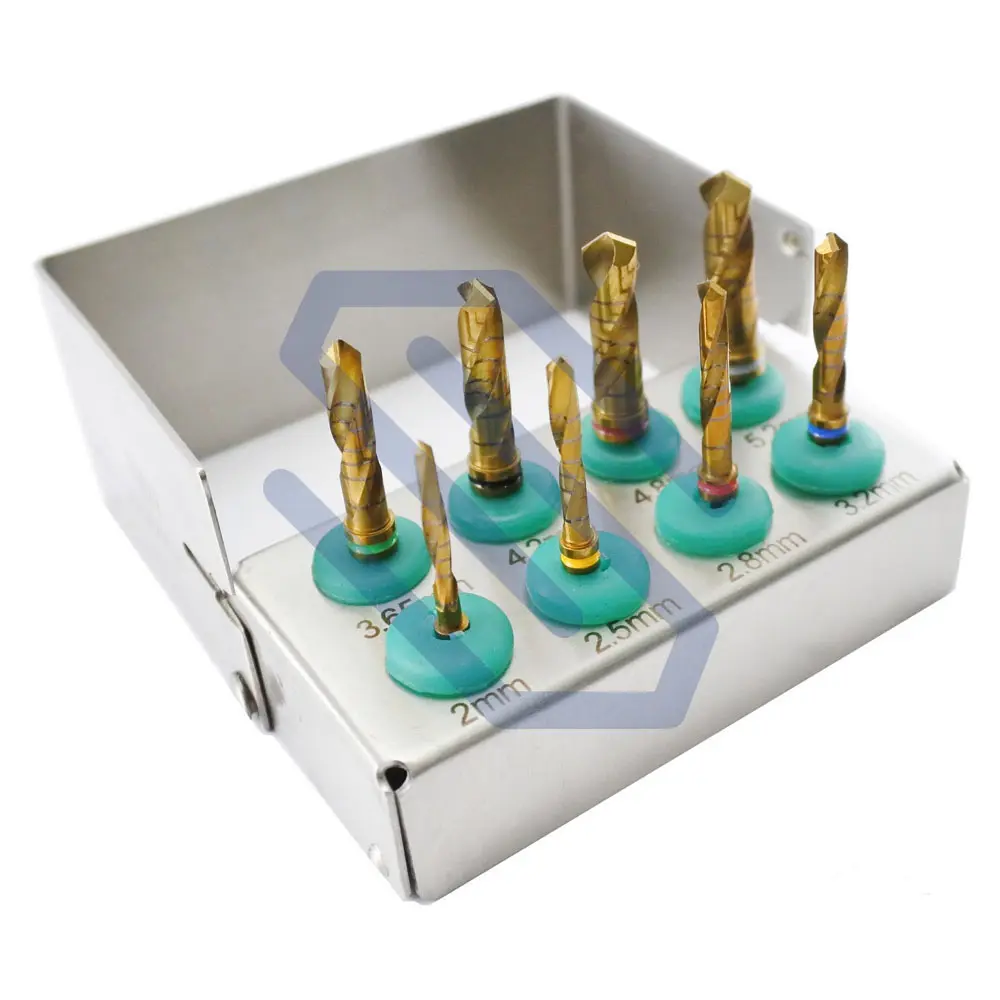 Dental Implant Boren Kit 8 Stuks Gold Titatnium Gecoat Met Gratis Bur Houder Ce