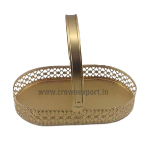 Plateau de service rond en acier inoxydable, plateau de serveur fini mat avec poignées à fleurs en or, pour service à thé avec le dernier design depuis l'inde - Product Image 2