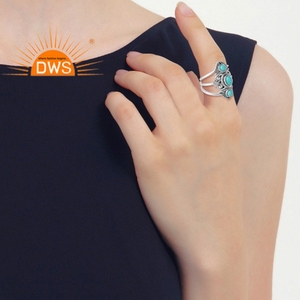 Statement Stackable Silver <b>Ring</b> Boho Design Jewelry Wholesale Arizona <b>Turquoise</b> Gemstone <b>Ring</b> Oxidized Silver Jewelry - Product Image 4