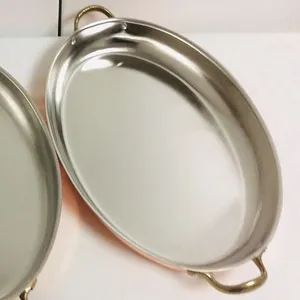 Frigideira de molho de metal banhado de cobre, tigela de aço inoxidável oval para molho com punho de bronze pequeno