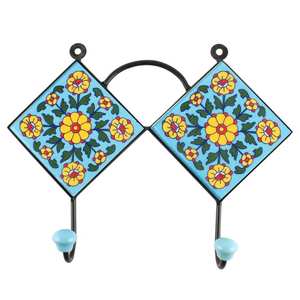 Handmade Premium Quality Decorative Ceramic Turquoise Yellow Flower <b>Wall</b> Mounted Tiles <b>Hook</b> Coat <b>Keys</b> Hangers Holders Wholesale - Product Image 2