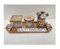 Ensemble de 3 plateaux de service en bois d'acacia brun style arabe avec incrustation de nacre, pot en acrylique, artisanat de qualité pour la nourriture, cadeau de l'Aïd Ramadan