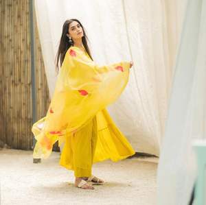 Women's sets — ensemble de vêtement noir et jaune en Organza Dupatta pour femmes, bandana peint à manches longues, bas prix - Product Image 2