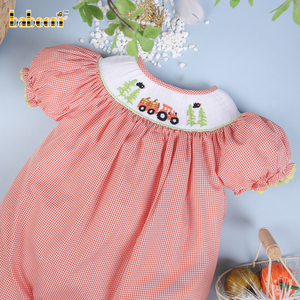 Baby Girls Autumn Smocked Bubble Romper Set con cierre de botón a presión-100% algodón orgánico ODM OEM al por mayor BB2786 - Product Image 2