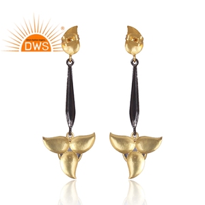 Blue Chalcedony Gold Plated Floral Designer Drop Earring <b>Indian</b> Brass Fashion Jewelry for Women Gift for Her - Product Image 3