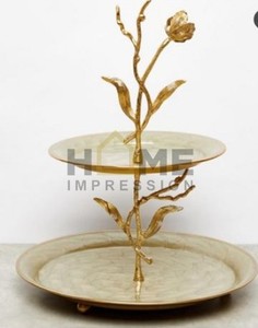 Dernier design le plus luxueux excellent art et artisanat designer unique Branches de fleurs en métal doré Support à gâteau de luxe à 2 niveaux - Product Image 6