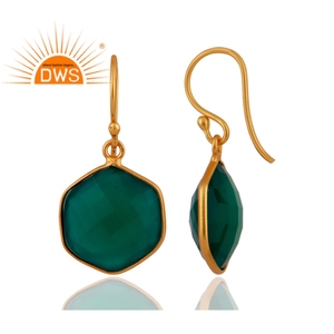 Pendientes colgantes de ónix verde con forma de pentágono, fabricante de pendientes de plata 925 chapados en oro, proveedor de joyería - Product Image 2