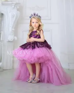 紫红色亮片蕾丝薄纱V背嗨低矮结婚花童连衣裙儿童派对礼服