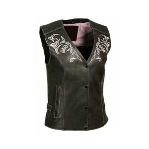 Gilet de moto en cuir noir à lacets latéraux, designs personnalisés brodés à la mode pour femmes - Product Image 3