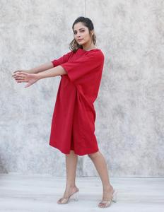 O-Neck Loose Fit Mini Dress Pockets Short Sleeve Formal Solid Crepe Women's Dress Summer Breathable Style - Product Image 2