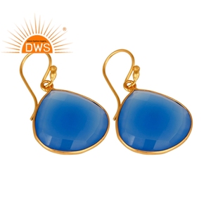 Boucles d'oreilles tendance pour mariage et soirée, plaquées or, en argent 925, avec pierre précieuse en calcédoine bleue - Product Image 2