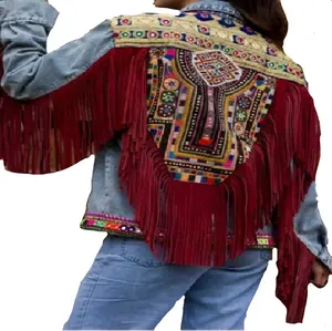 Уникальная Новая Дизайнерская кожаная Стильная джинсовая куртка ручной работы с бахромой в цыганском стиле куртка с бахромой для девочек