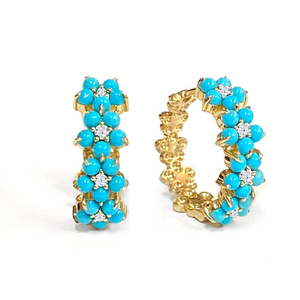 Best Quality Gold <b>Huggie</b> Hoop Earrings Genuine Arizona Turquoise Gemstone Diamond Cluster Floral Design Classic for Party Gift - Product Image 4