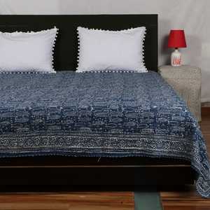 Bloque hecho a mano impreso puro algodón Kantha colcha Floral pez estampado índigo almohada sábana acolchada colchas - Product Image 1