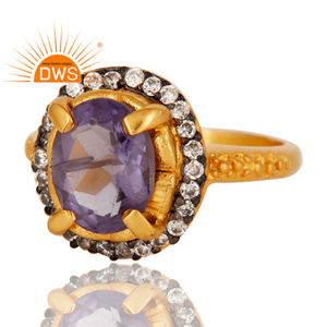 New Trendy 18k <b>Gold</b> Plated Brass Jewelry Cubic Zirconia & Amethyst Gemstone Prong <b>Set</b> Fashion <b>Ring</b> Jewelry Manufacturer - Product Image 2