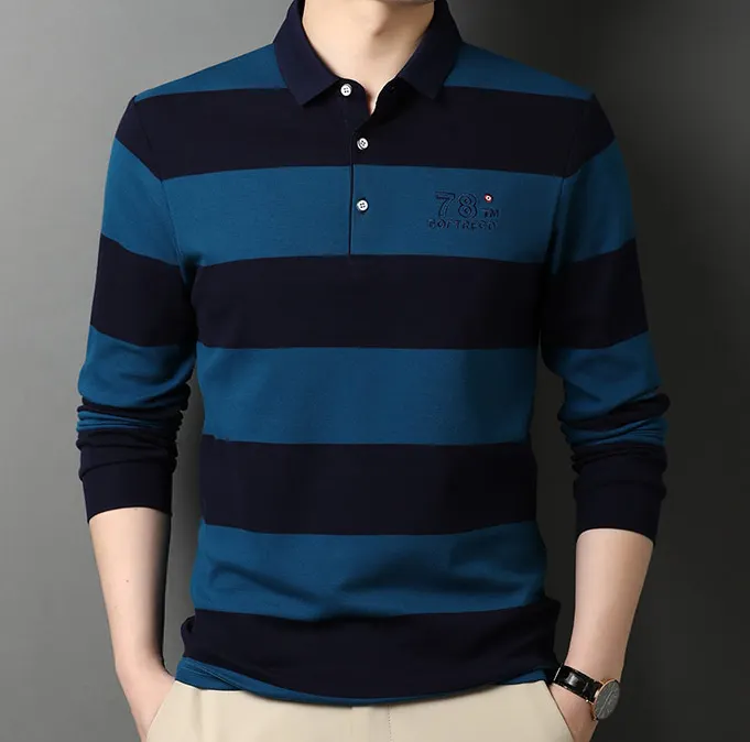 Men Cozy Casual Striped English Style Long Sleeve Polo Shirts