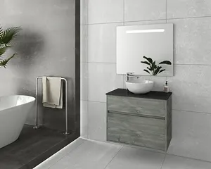 Wall Hung 80cm Width Bathroom Smoked Oak color Vanities with drawers porcelain counter top basin and illuminated led mirror