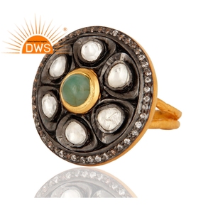 Antique Style Bijoux de Bague de Cocktail Fabricant Vert Émeraude Cristal Polki Plaqué Or 18k 925 Argent Bijoux Grossiste - Product Image 2