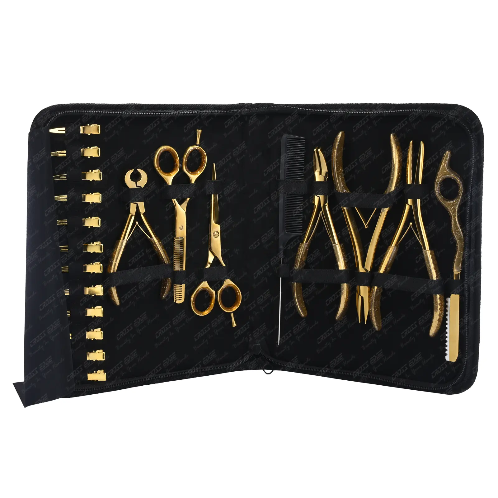 Micro Bead Hair Extension Tools Kit Gold Color with Hair Styling Scissors set, Keratin Bond Cutter, Hair Sectioning Clips