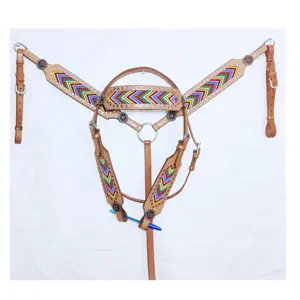 Tête et plaque de poitrine occidentales à cheval perlée colorée faite à la main avec ensemble de punaises occidentales perlées arc-en-ciel