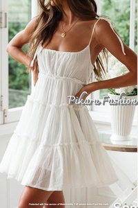Robes courtes blanches pour femmes de boîte de nuit, sexy, 100% coton, à volants, sans manches, décontractées, élégantes, tendance explosive, tunique - Product Image 2