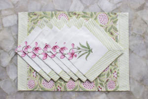 Floral Hand Block Print Indian Cotton Floral Table Mats & Napkin Set of 6 Napkins & 6 Mats - Product Image 4