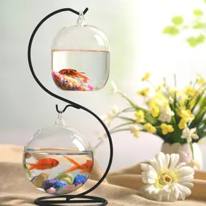 Creativo Mini transparente redonda soporte de vidrio colgante pequeño acuario granja de escritorio del tanque de peces
