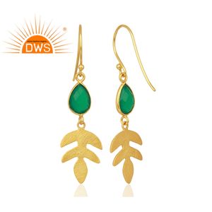 Boucles d'oreilles pendantes en argent Sterling plaqué or 14k, vente en gros de bijoux en pierre précieuse, Onyx vert naturel, fournisseur de boucles d'oreilles - Product Image 3