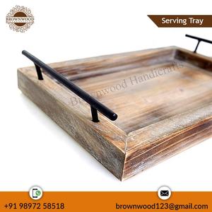 Bandeja de servicio de madera de pino con asas de Metal, bandeja Rectangular decorativa, suministro directo de fábrica, precio al por mayor - Product Image 5