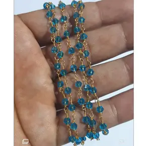 Top Quality Blue Crystal Quartz Beads Gems Fency Looking Silver Gold Plated Roundel Faceted Rosary Beads Chain For Necklace