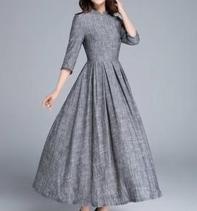 เดรสผ้าลินินของผู้หญิงแขนยาวคอกลมสีเทาอ่อนใหม่ล่าสุดแฟชั่นฤดูร้อน - Product Image 1