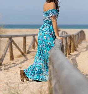 Robe Maxi style Boho à imprimé Floral coloré, vêtements pour femmes, épaules dénudées, manches courtes, robe mi-longue, été, 2020 - Product Image 4