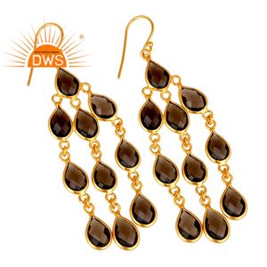 Boucles d'oreilles chandelier en argent sterling 925 plaqué or, design indien, avec pierres précieuses multi-quartz fumé, bijoux tendance, cadeau idéal - Product Image 2