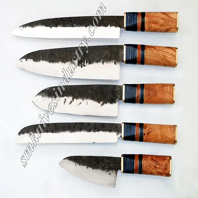 Custom Hand Made Round Handle 5 pieces Damascus steel kitchen knives set with leather kit