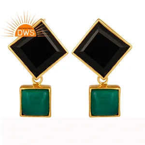 Natural Green Onyx And Black Onyx Gemstone Earring 18k Gold Plated Brass Fashion Earring Jewelry Wholesaler