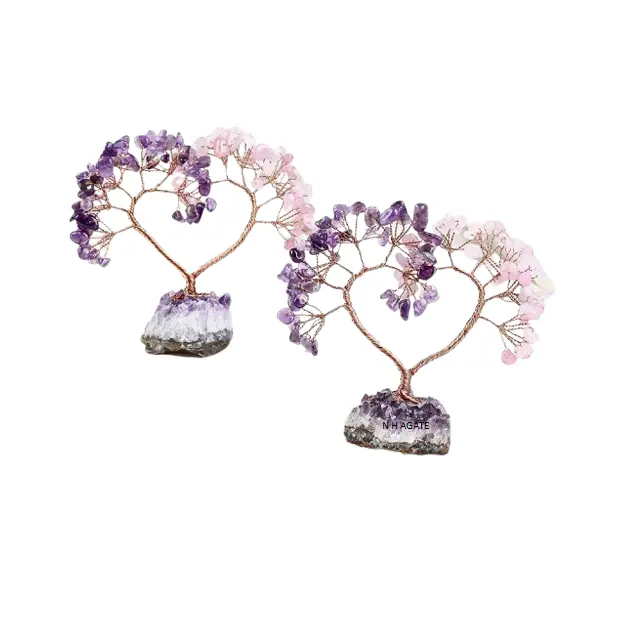 Natural Amethyst Cluster Base Heart Tree Rose Quartz & Amethyst Tree Chakra Crystal Quartz Tree Feng Shui