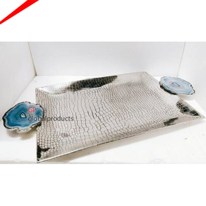 Unique Attractive Design Gold Metal Serving Tray with Agate Marble Handles Serving Tray <b>Tabletop</b> Decor - Product Image 3