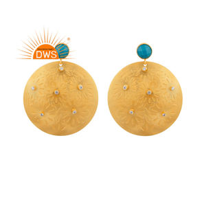 Gran disco gota turquesa piedra preciosa pendiente 22K chapado en oro mujer pendiente diseñador de moda 925 pendiente de plata - Product Image 1