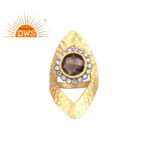 Bague de mariage artisanale en argent sterling 925 noir plaqué or avec serti clos en pierres précieuses CZ et quartz fumé naturel - Product Image 1