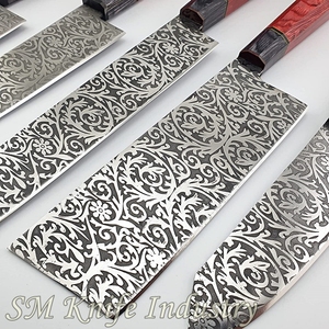 Ensemble de couteaux de cuisine en acier faits à la main, lames gravées 5 pièces, couteau de chef avec gaine en cuir (SMK2021) - Product Image 3