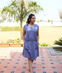 Vestido de Lino para Mujer, Color Azul Cielo, Diseño Moderno y a la Moda, Cuello Redondo, Sin Mangas, Largo hasta la Rodilla, Nuevo Modelo 2026 - Product Image 1