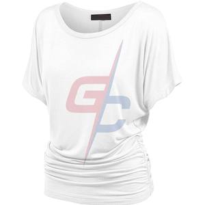 Top Dolman de cuello Barco de manga corta liso para mujer con proveedor de fruncido lateral - Product Image 2