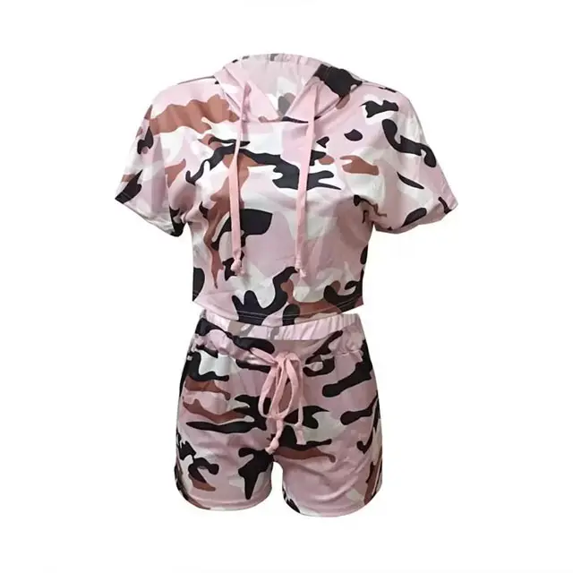 Bán Buôn Tùy Chỉnh In Camo Cắt Ngắn Tay Áo Hoodie Và Dây Rút Quần Short Phòng Chờ Đặt Của Phụ Nữ Bộ