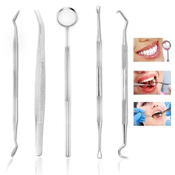 Dentist Tools Professional 5pcs Steel Dental Tools Contain Tweezers Probe Hoe-shaped Tooth Cleaner Sickle Tooth Cleaner