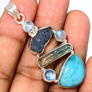 Bijoux de créateur uniques en argent sterling 925 véritable larimar et pierre de lune faits à la main pour belles femmes - Product Image 1