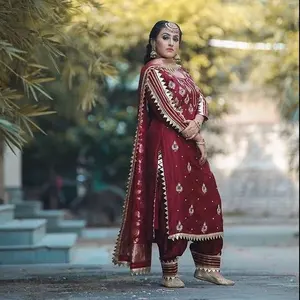 时髦的旁遮普-kurta与裤装-礼服与漂亮的贴花工作的派对/婚礼 = 2021